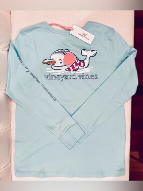 NWT Vineyard Vines Blue LongSleeve Snowman Whale Tee Plush Pink Earmuff Kids XL